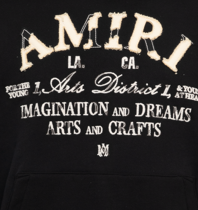 Image 3 of 3 - BLACK - AMIRI DISTRESSED ARTS DISTRICT HOODIE is stamped with bold Amiri branding at the chest, the back  is 25" length (for size Medium). This hoodie has a fixed hood, ribbed cuffs, hem and a kangaroo pocket in the front. 100% cotton. 