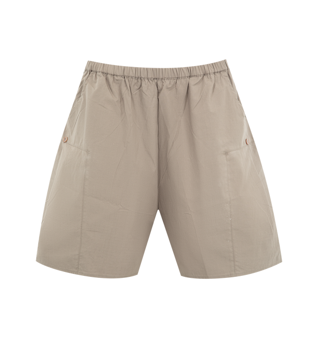 Image 1 of 3 - BROWN - DEIJI STUDIOS Pleat Short featuring a relaxed mid-rise short with an elasticated waistband, soft front and back pleats, straight leg shaping and side seam pockets detailed with a single button. 100% GOTS organic cotton.Garment Measurements