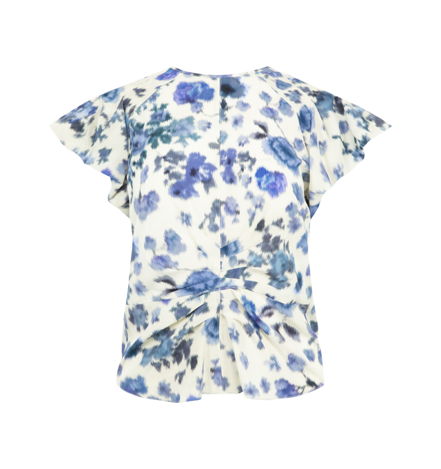 Image 1 of 2 - BLUE - Isabel Marant draped stretch silk rose print top featuring round neckline, short pleated and puffed sleeves, pleats and peplum on the hem, done up in back with a button and a hidden zipper. 91% silk, 9% elastane. Made in Romania.