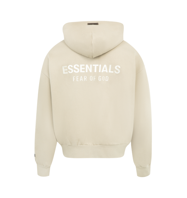 Image 2 of 2 - NEUTRAL - FEAR OF GOD ESSENTIALS Classic Fleece Zip-Up Hoodie made from 380gsm core fleece featuring a classic fit with signature Fear of God relaxed proportions. A new beveled metallic "Essentials Fear of God" logo is branded across the back. Details include a double-layer hoodie, rib-knit cuffs, waist-hem, and a kangaroo pocket. A "Fear of God Essentials" rubberized label is stitched on the hood and sleeve. 80% cotton, 20% polyester fleece.