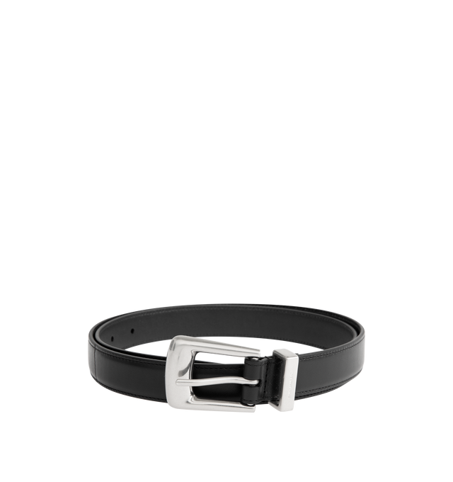 Image 1 of 2 - BLACK - SAINT LAURENT Folk Belt featuring belt in lightly polished leather with a folk buckle, SAINT LAURENT engraved metal loop, pointed end tip, and silver-tone hardware. Dimensions: 2.5 CM / 1". Calfskin. Made in Italy.