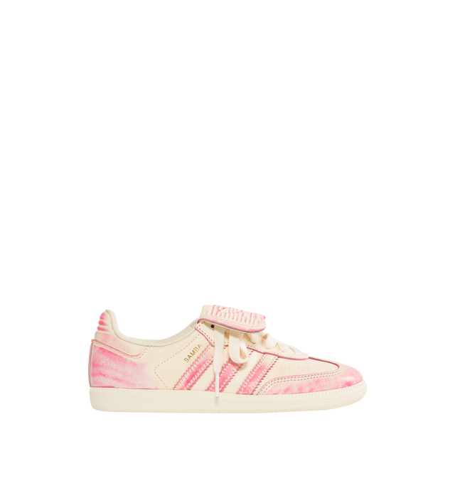 Image 1 of 5 - PINK - ADIDAS Samba Long Tongue Sneaker featuring a smooth leather upper that reveals a distressed look, elongated tongue, regular fit, lace closure, leather upper, synthetic lining and rubber outsole.