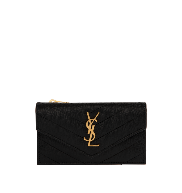 Image 1 of 3 - BLACK - SAINT LAURENT Flap Card Case Wallet featuring quilted overstitching, snap button closure, one zip coin pocket, five card slots and one main compartment. 5.1 X 3.1 X 0.7 inches. 70% calfskin leather, 30% metal.