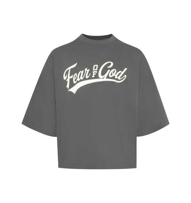 Image 1 of 2 - GREY - The Fear Of God Men's Merch Tee is crafted from a lightweight jersey and designed in a relaxed fit with dropped shoulders and 3/4-length sleeves. Details include a rib-knit collar and graphic logo at the center front.