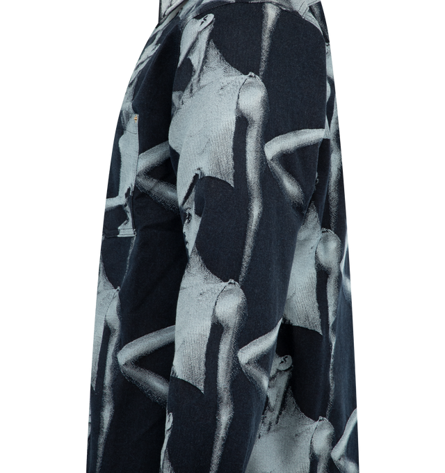 Image 4 of 4 - BLUE - WALES BONNER Jet Zip Jacket featuring full zip denim jacquard jacket with an archival image woven into the fabric, double zip and breast pocket. 100% cotton.