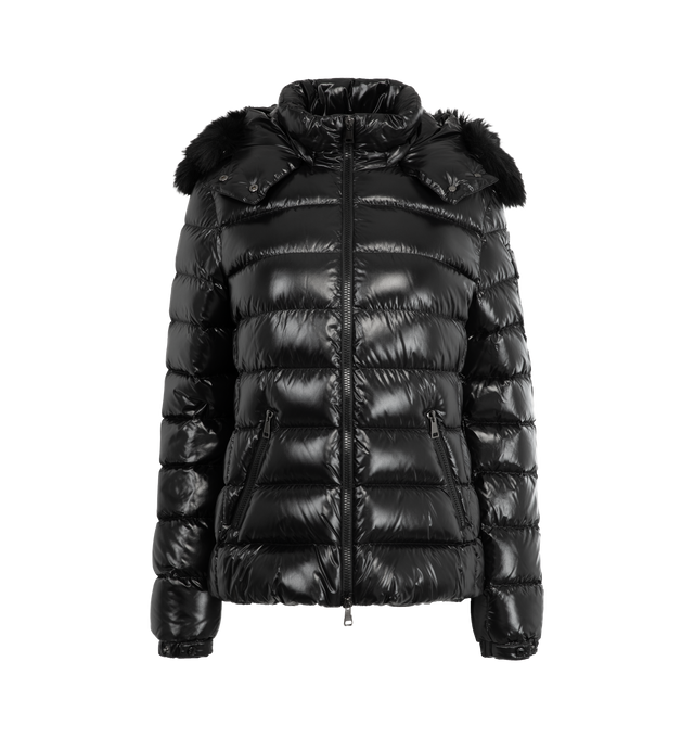 Image 1 of 4 - BLACK - MONCLER Badyf Faux Fur-Trimmed Hooded Short Down Jacket featuring nylon laqu lining, down-filled, detachable faux fur trim, detachable and adjustable hood, zipper closure, flap sleeve pocket, zipped pockets and adjustable cuffs. 100% polyamide/nylon. Padding: 90% down, 10% feather.