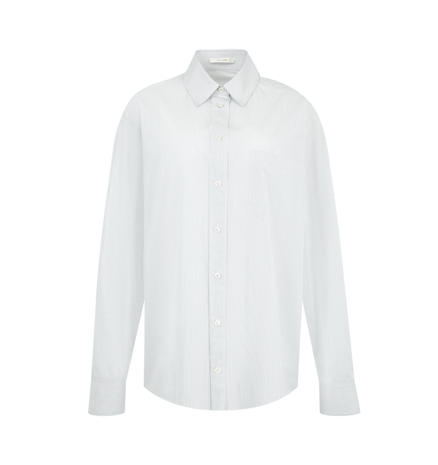 Image 1 of 2 - WHITE - THE ROW Gavina Shirt featuring classic button-up shirt in smooth sea island cotton chambray with front patch pocket, slim back yoke and exposed front button placket. 100% cotton. Made in Italy.