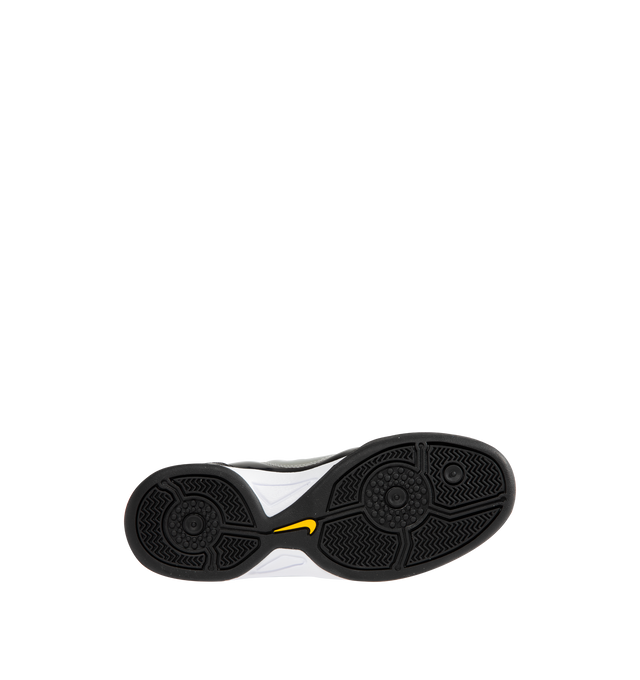 Image 4 of 5 - BLACK - NIKE T90 SP Sneaker featuring authentic soccer style, flat rubber sole, quilted upper, asymmetrical lacing, glossy black and white finish combines with Tour Yellow and Metallic Silver.