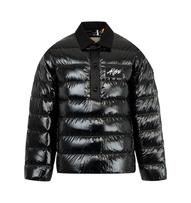 Image 1 of 3 - BLACK - Moncler x A$AP Rocky Vardar Down Polo Shirt Jacket featuring nylon laqu lining, intarsia details, down-filled, cotton collar, button closure, zipper closure at the side, hem with drawstring fastening, logo print and logo patches. 100% polyamide/nylon. Padding: 90% down, 10% feather.
