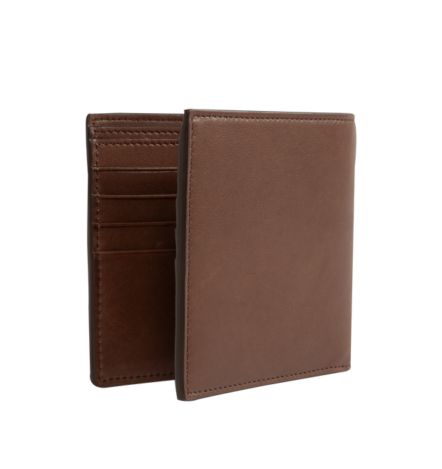 Image 2 of 3 - BROWN - THOM BROWNE Bilfold Wallet in soft calf featuring 8 card slots, tricolor stripe lining, signature striped grosgrain loop tab and gold foil printed logo. 100% calf leather. Lining: 100% polyester. Made in Italy.