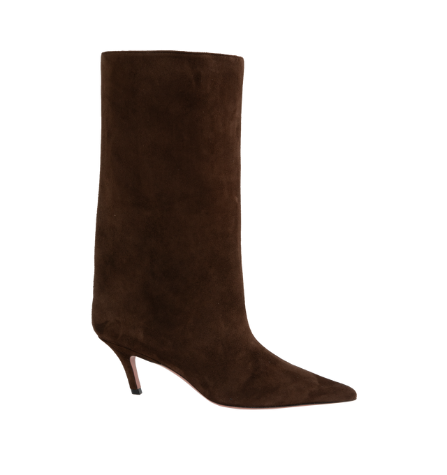 Image 1 of 4 - BROWN - AMINA MUADDI Fiona Suede Boot featuring pointed toe, buffed goatskin lining, covered stiletto heel with rubber injection and leather sole with rubber injection. 60MM. Upper: goatskin. Sole: leather, rubber. Made in Italy. 