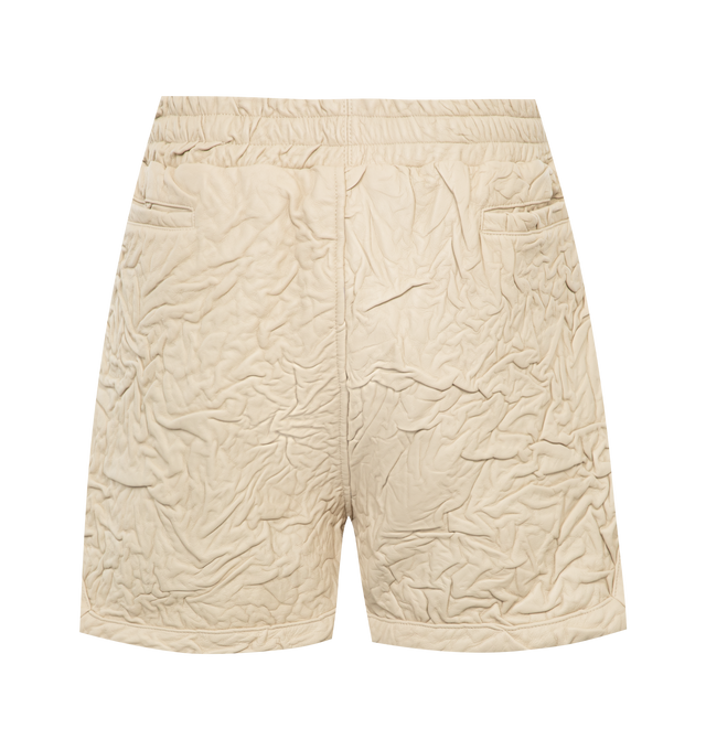 NEUTRAL - WHO DECIDES WAR Crinkled Tailored Shorts featuring elastic waist with drawstring, side slit pockets, back welt pockets, side split seams and crinkled throughout.  