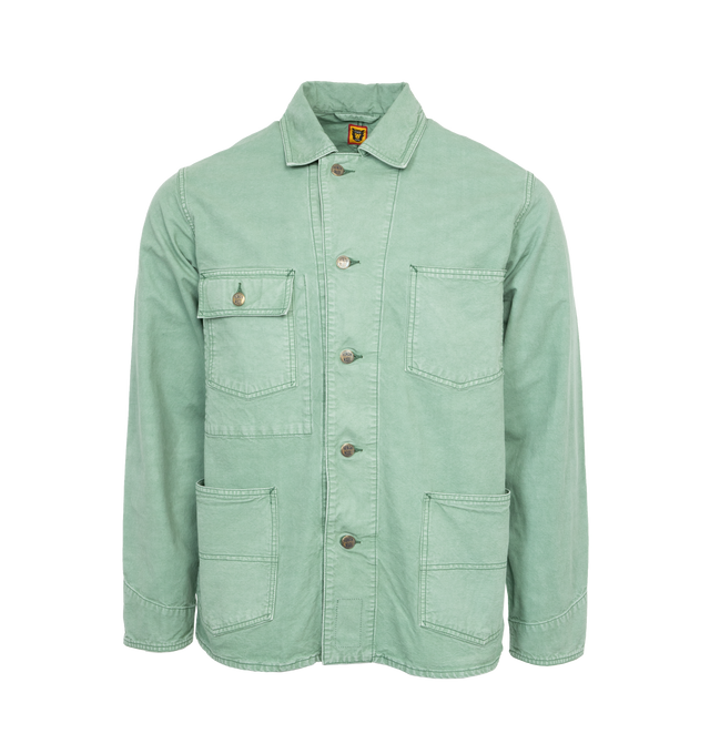 Image 1 of 4 - GREEN - HUMAN MADE Garment Dyed Coverall Jacket featuring a duck embroidery on the back and multi pocket action. 100% cotton. 