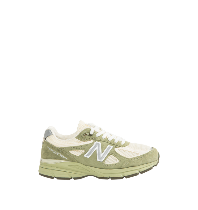 Image 1 of 5 - GREEN - NEW BALANCE Made in USA 990v4 Sneaker featuring premium pigskin suede and mesh upper, ENCAP midsole cushioning combines lightweight foam with a durable polyurethane rim, lace up closure and MADE in USA tongue label.