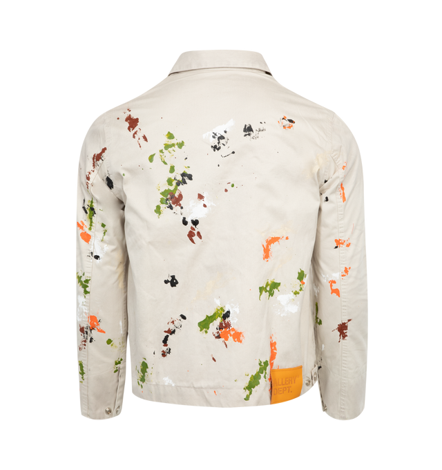 Image 2 of 2 - WHITE - GALLERY DEPT. Montecito Jacket featuring a rayon lining, relaxed fit, hidden interior pocket, full-zip closure, screen-printed branding placed at the front and rear and multi-colored paint splatter. 100% cotton. 