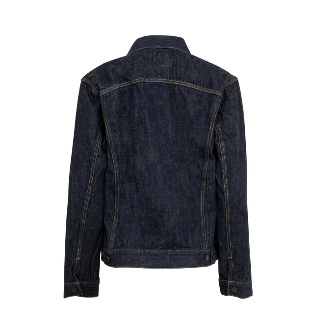 Image 2 of 2 - BLUE - FULLCOUNT Type 3 Denim Jacket featuring 13.7oz Original Selvedge Denim, Type 3 style yokes on the front, two shaped flap pockets on the chest and side adjustment straps and bar-tacked at stress points for durability. 100% cotton.