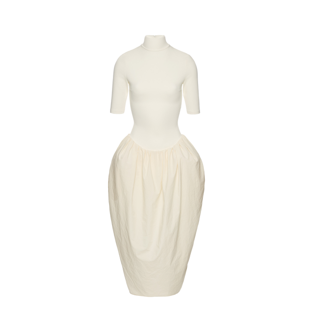 Image 1 of 2 - WHITE - MAGDA BUTRYM High-neck Puff Skirt Midi Dress featuring a form-fitting midi dress that combines a structured silhouette with dramatic volume, a sleek turtleneck, fitted 3/4 sleeves, contrasted by a voluminous skirt with a high slit at the back and a bodysuit base that fastens underneath the skirt. 100% cotton. 78% viscose, 16% polyamide, 6% elastane.