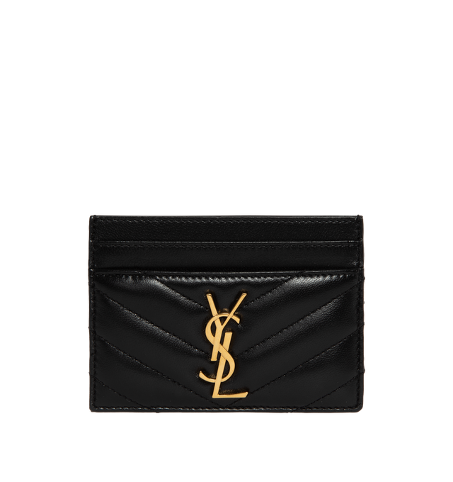 Image 1 of 3 - BLACK - SAINT LAURENT Monogram Card Case featuring five card slots, gold tone hardware, cassandre and chevron-quilted overstitching. 4 X 2.8 X 0.1 inches. 100% lambskin. Made in Italy.  
