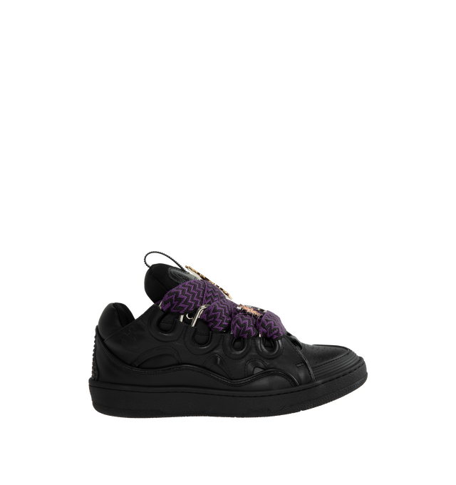 Image 1 of 5 - BLACK - LANVIN LAB X FUTURE Curb and Pins Sneakers featuring leather upper, front pull loop, front lace-up closure, padded tongue, logo details and rubber sole. 100% calf. Lining: 20% elasterell-p, 80% polyamide. Made in Italy. 