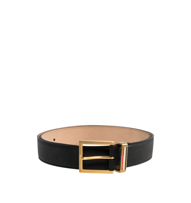 Image 1 of 2 - BLACK - Thom Browne Mens Belt is crafted from soft pebble grain calf leather. Features a polished metal loop buckle with signature RWB stripe detail and a structured silhouette. Main Material: 100% Calf Full Grain Leather. Made in Italy.