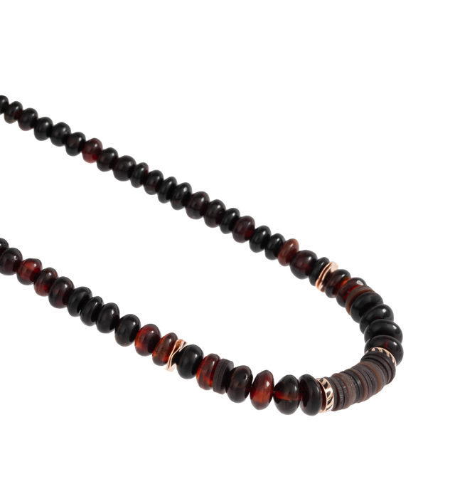 Image 2 of 2 - BROWN - Dezso by Sarah Beltran 7mm Puka necklace made of brown shell, coco shell, 14k rose gold and black enameling. For personal consultation and detailed information about jewelry, please contact our dedicated stylist team at personalshopping@hirshleifers.com 