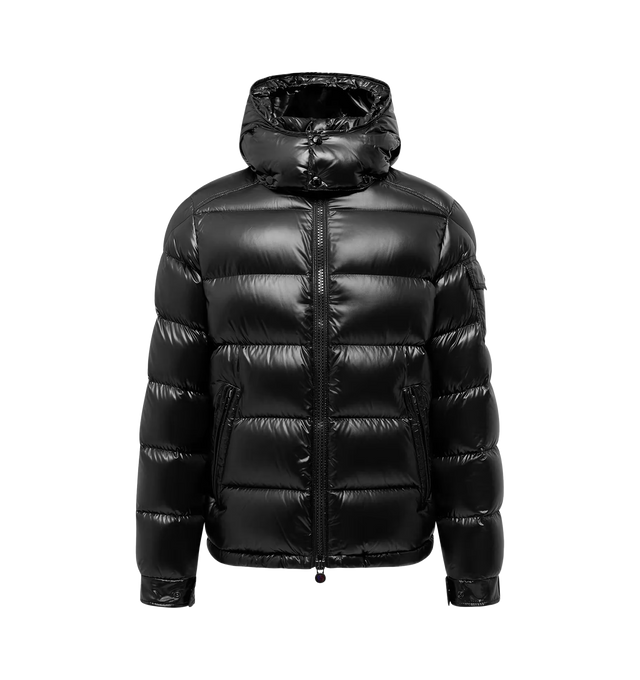 Image 1 of 1 - BLACK - MONCLER Maya Hooded Short Down Jacket featuring nylon laqu lining, down-filled, detachable and adjustable hood with drawstring, collar with snap button closure, zipper closure, zipped pockets, hem with drawstring fastening, flap patch pocket on sleeve, adjustable cuffs and logo patch. 100% polyamide/nylon. Padding: 90% down, 10% feather.