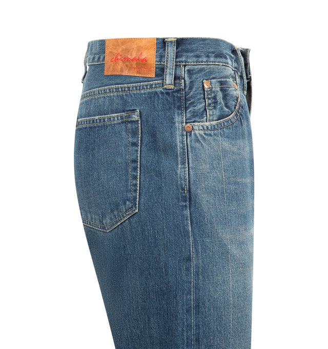 Image 3 of 3 - BLUE - CHIMALA 13.5oz Selvedge Denim Used Ankle Cut Jean featuring mid-rise, classic 5 pocket style, zip fly and button closure, straight cut and unique distressing throughout. 100% cotton.
