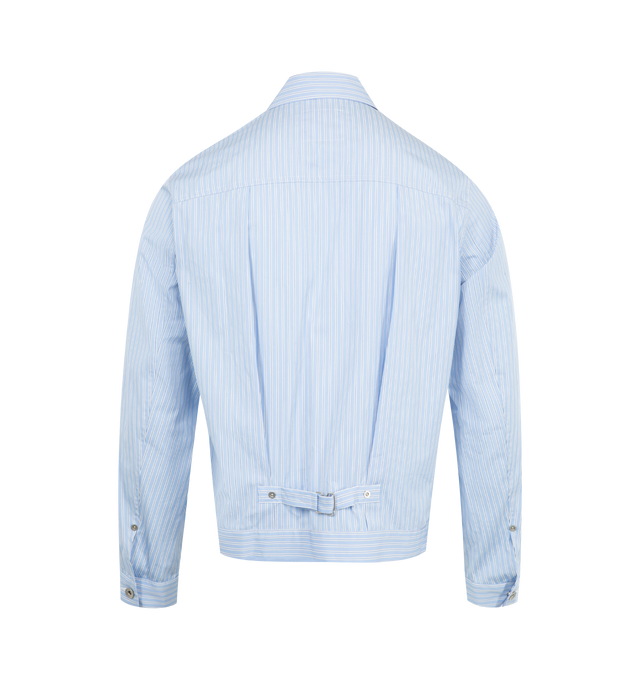 Image 2 of 2 - BLUE - SACAI Poplin Jacket featuring classic collar, front button fastening, long sleeves, buttoned cuffs, two side slit pockets, adjustable cinched back and straight hem. 100% cotton.