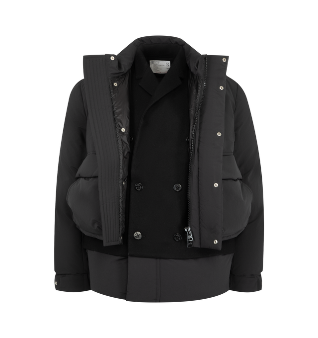 Image 5 of 5 - BLACK - Sacai Men's Double Padded Jacket with Zip Closure is crafted from polyester and features an oversized hybrid silhouette that combines elements of a jacket and coat. Designed with a concealed zip closure beneath a buttoned placket, a layered lower section with button fastening, front patch pockets, and ribbed elasticated cuffs for a functional yet refined finish. Main Material: 100% Polyester.