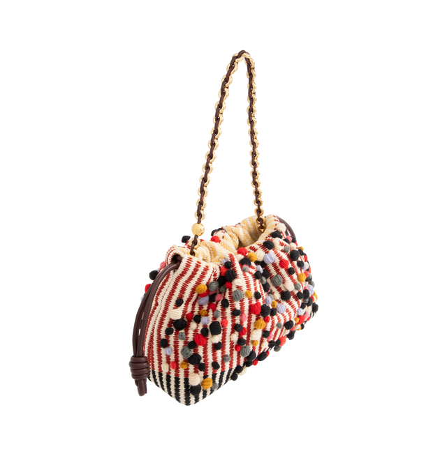 Image 2 of 4 - MULTI - LOEWE Medium Flamenco Purse in embroidered textile featuring a ruched shape, historical knot drawstrings, 3D wool dots, shoulder, crossbody or hand carry, detachable donut chain with Anagram Pebble, detachable and adjustable leather strap, magnetic closure, nappa lambskin lining and gold embossed LOEWE and Anni Albers signature. 20 cm x 30 cm x 10.5 cm. Made in Spain.