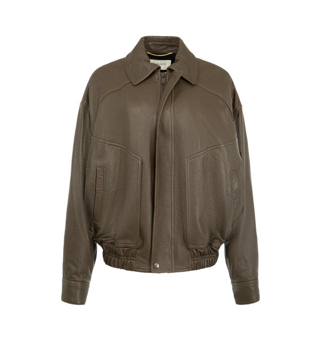 Image 2 of 4 - BROWN - Saint Laurent Women's Ranch Lambskin Bomber Jacket is crafted from supple lambskin leather and features a pointed collar, dropped shoulders, and an elasticized waist. A front zip closure with a snap-button storm flap, two front patch pockets, an interior welt pocket, and snap-button cuffs complete the design. Main Material: 100% Lambskin Leather. Lining: Cotton. Made in Italy. This item may be restricted for online purchase to international clients. For assistance purchasing this item
