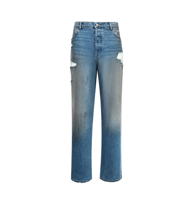 Image 1 of 3 - BLUE - NAHMIAS Dirty Wash Baggy Jeans featuring distressing throughout, loose fit, 5 pocket style and button zip closure. 100% cotton.
