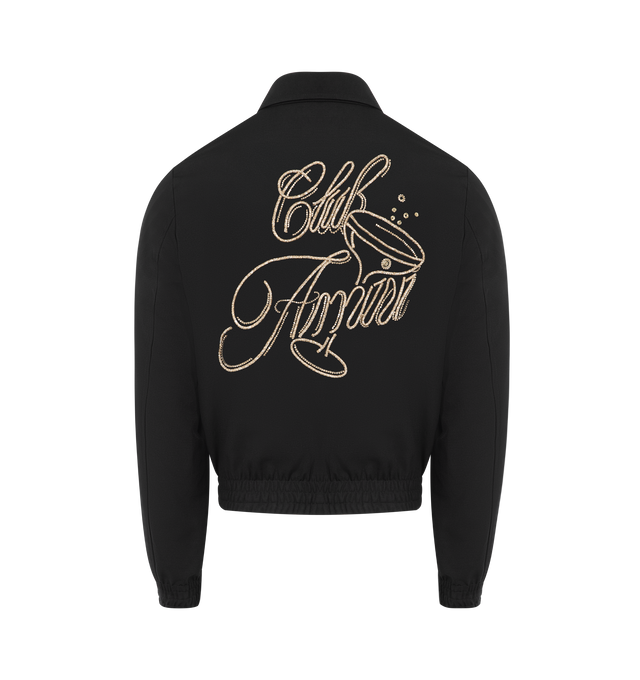 Image 2 of 3 - BLACK - AMIRI Club Amiri Jacket featuring polyester satin, crystal-embellished Club Amiri script on the chest and back, point collar, full-zip front, branded zip pulls, side slip pockets, long sleeves and ribbed cuffs and hem. Polyester/wool. Made in Italy.
