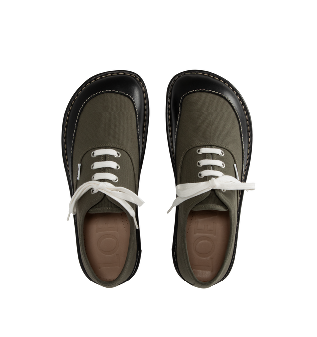 Image 5 of 5 - GREEN - LOEWE Bay Lace-Up Shoe featuring a flexible and lightweight construction with the LOEWE signature asymmetric bulky toe shape, contrast topstitching, lace closure, TPU outsole with enhanced grip and LOEWE fabric tab at the side. Canvas/calf. Made in Italy.