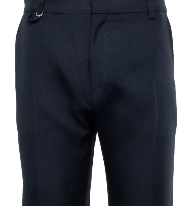 Image 4 of 4 - NAVY - JACQUEMUS LA PANTALON MELO are straight pants with a straight fit, mid rise, hidden zip fly, clip fastener, J" belt loop with D-Ring, slash pockets, pressed creases and back welt pocket with "J" button loop. 100% virgin wool 
