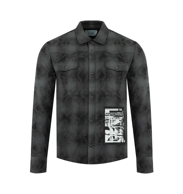 Image 1 of 2 - BLACK - MIDNIGHT RODEO Distressed Flannel Shirt featuring over dyed flannel, soft cotton with an all-over acid wash, onyx snap-front closures, slight distressing throughout, dual chest pockets and custom Midnight Rodeo patchwork art. 100% cotton.