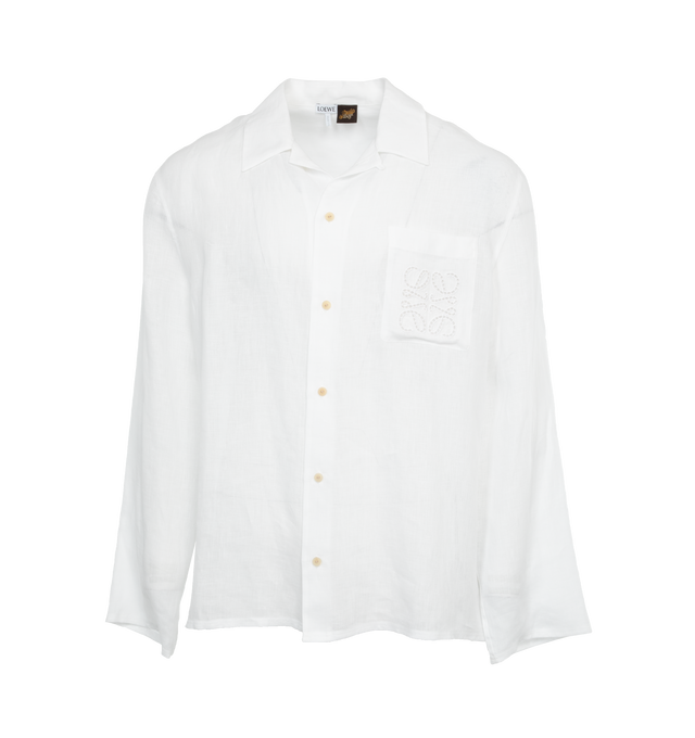 Image 1 of 3 - WHITE - LOEWE PAULA'S IBIZA Shirt crafted in lightweight linen toile in a relaxed fit with camp collar, long sleeves, button front fastening, chest patch pocket and Anagram ajour embroidery placed on the chest pocket. Loewe Paula's Ibiza 2024 collection is inspired by the iconic Paula's boutique, synonymous with the counter cultural movement of 1970s Ibiza, captures the liberated vibe of summer with high impact prints, effortless styling, and a renewed focus on craft. 
