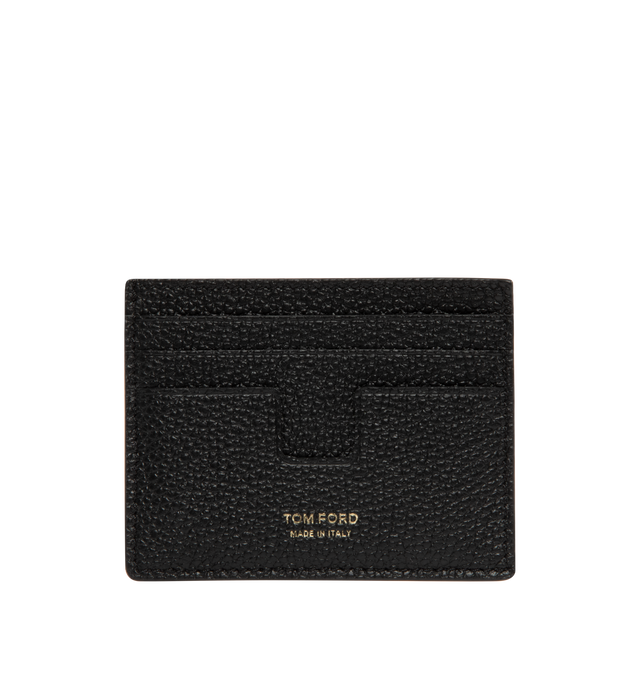 Image 1 of 3 - BLACK - TOM FORD Grain Leather T Line Card Holder featuring premium grained calf leather with gold-tone foiled logo lettering on the front, signature T-shaped card slots, one center compartment, six card slots and embossed logo on the front. Approx. 3"H x 4"W. Made in Italy.
