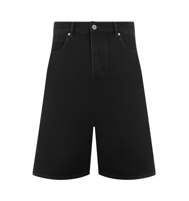 Image 1 of 3 - BLACK - BOTTEGA VENETA Faded Black Denim Shorts featuring faded black washed denim shorts, wide leg, embossed Intrecciato leather patch and button closure. 100% cotton. Made in Italy.