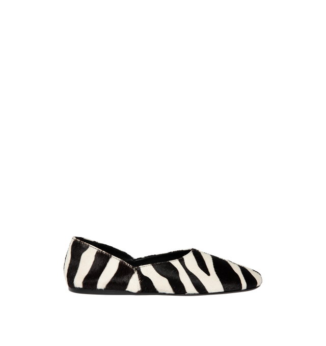 Image 1 of 5 - BLACK - KHAITE Jane Flat in Zebra Haircalf featuring a slipper-like flat, a flexible, cushioned insole for cloud-like comfort and signature gold staple detail at rounded vamp. Zebra print haircalf - 100% calfskin. Made in Italy.