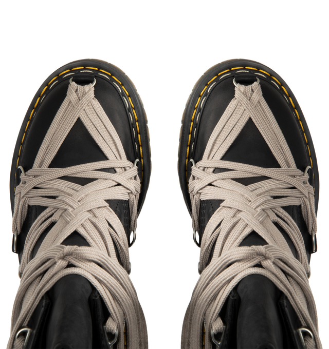 Image 4 of 4 - BLACK - RICK OWENS X DR. MARTENS Megalace Leather Platform Boots featuring signature megalacing system across the black, waxy leather upper with an extended geometric tongue, an easy-access inner zip, special edition AirWair heel loop and stacked on imposing Quad sole with a white and yellow double welt stitch.