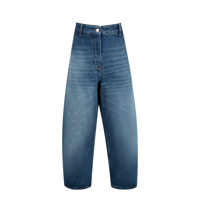 Image 1 of 3 - BLUE - Studio Nicholson Chalco Denim Pants are cut wide and cropped, with a curved leg and dropped crotch, constructed from a recycled denim thats been garment dyed for a soft, easy-wearing finish. Featuring button waist, belt loops, side slash pockets and back patch pockets. 71% Cotton, 16% Reused Cotton, 13% Recycled Polyester.