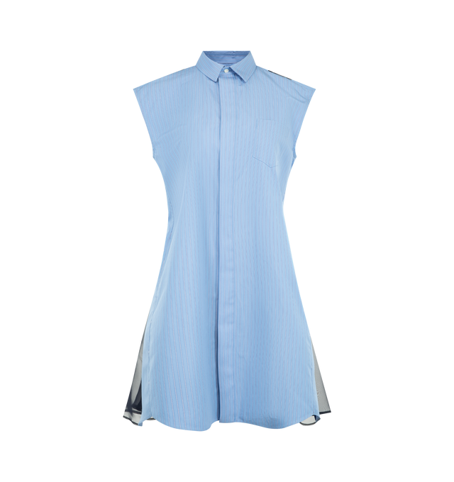 Image 1 of 3 - BLUE - SACAI Poplin Dress featuring concealed front button closure, sleeveless, collared neck, mini length and pleated at the back. Cotton. Made in Japan.