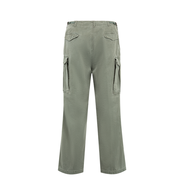 Image 2 of 3 - GREEN - A.Presse Men's Vintage US Army M-51 Field Pants feature premium cotton herringbone fabric with a wide, tapered silhouette inspired by the iconic military cargo pant. Crafted using irregular warp and weft yarns and a vintage-inspired dyeing process, these designer pants combine authentic character with exceptional Japanese craftsmanship. Additional details include flap pockets, cargo pockets, a thick cotton twill lining, an Asahi zipper closure, and intentional fading and distressing t