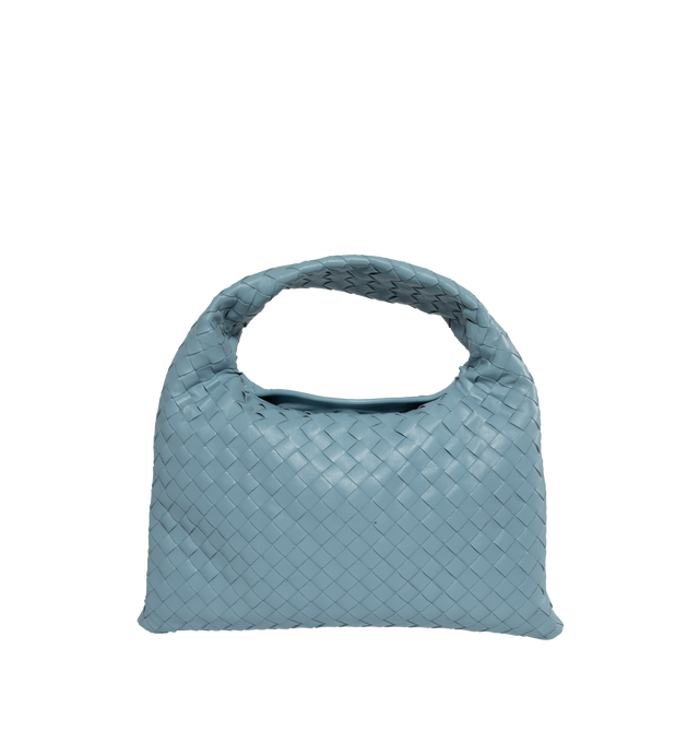 Image 1 of 3 - BLUE - Bottega Veneta Small Hop Shoulder Bag with Intrecciato craftsmanship in calfskin leather. Features one internal zippered pocket, flap closure secured with magnet, brass finish hardware. Measures 8.1 inches tall x 16.1 inches wide x 3 inches deep with 6.5 inch handle drop. 100% Calfskin with Calfskin lining. Made in Italy. 