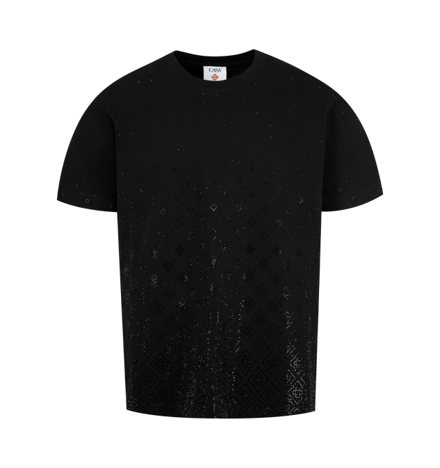 Image 1 of 2 - BLACK - CASABLANCA Crystal Monogram T-Shirt featuring short-sleeves, elevated jersey design, monogram crafted from crystals, crew neck and relaxed silhouette. 100% organic cotton. 100% glass crystals. Made in Portugal.