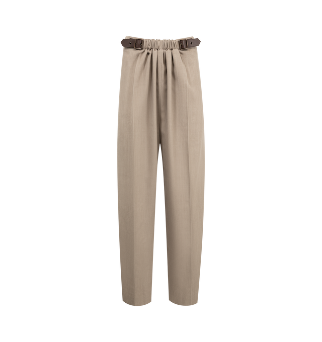 Image 1 of 3 - BROWN - LOEWE Belted trousers in lightweight fluid wool tailoring featuring a gathered front with a leather belt detail, regular fit, regular length, mid waist, straight leg, side zip fastening, seam pockets, buttoned rear jet pocket, pressed creases at the front and LOEWE embossed leather patch placed at the back. Wool. Made in Italy.