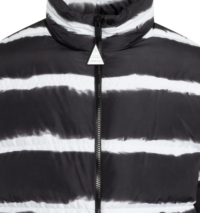 Image 3 of 3 - BLACK - MONCLER SIL JACKET is a loose fitted puffer embellished with tie-dye-effect stripes along the quilting. This jacket is made from polyester, polyester lining, is down-filled, has a zipper closure, zipped pockets, hem with elastic drawstring fastening and logo patches. 