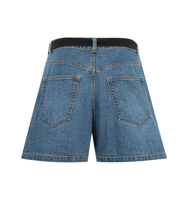 Image 2 of 3 - BLUE - SACAI Wool Suiting x Denim Shorts featuring a suiting-inspired panel, zipper, hook fastening, belt loops and adjustable belt. 100% wool. 100% cotton. Lining: 100% cupro. Made in Japan.