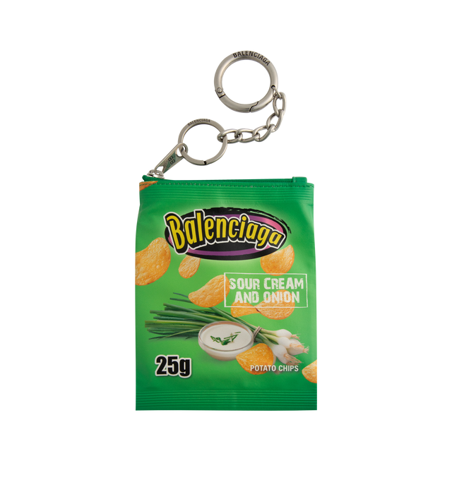 Image 1 of 2 - GREEN - BALENCIAGA Charm Keychain Chips featuring glossy calfskin, chips artwork printed at front and back, Balenciaga logo printed on the upper part of the lining, 1 main zipped compartment, TPU mirror lining, aged-silver hardware, logo engraved on both rings and multiple rings to attach on the bag or be used as a keyring. L4.3 x H5.5 x W4.3 inch. Made in Italy.
